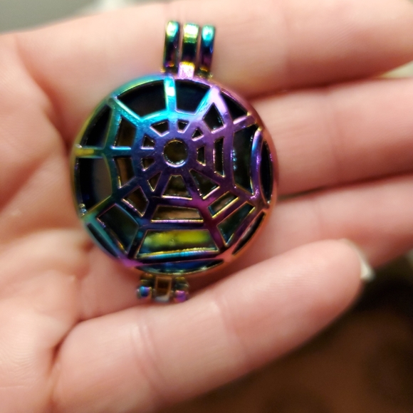 New Carved Rainbow Hematite Spider Web Open Pendant. - Picture 7 of 8